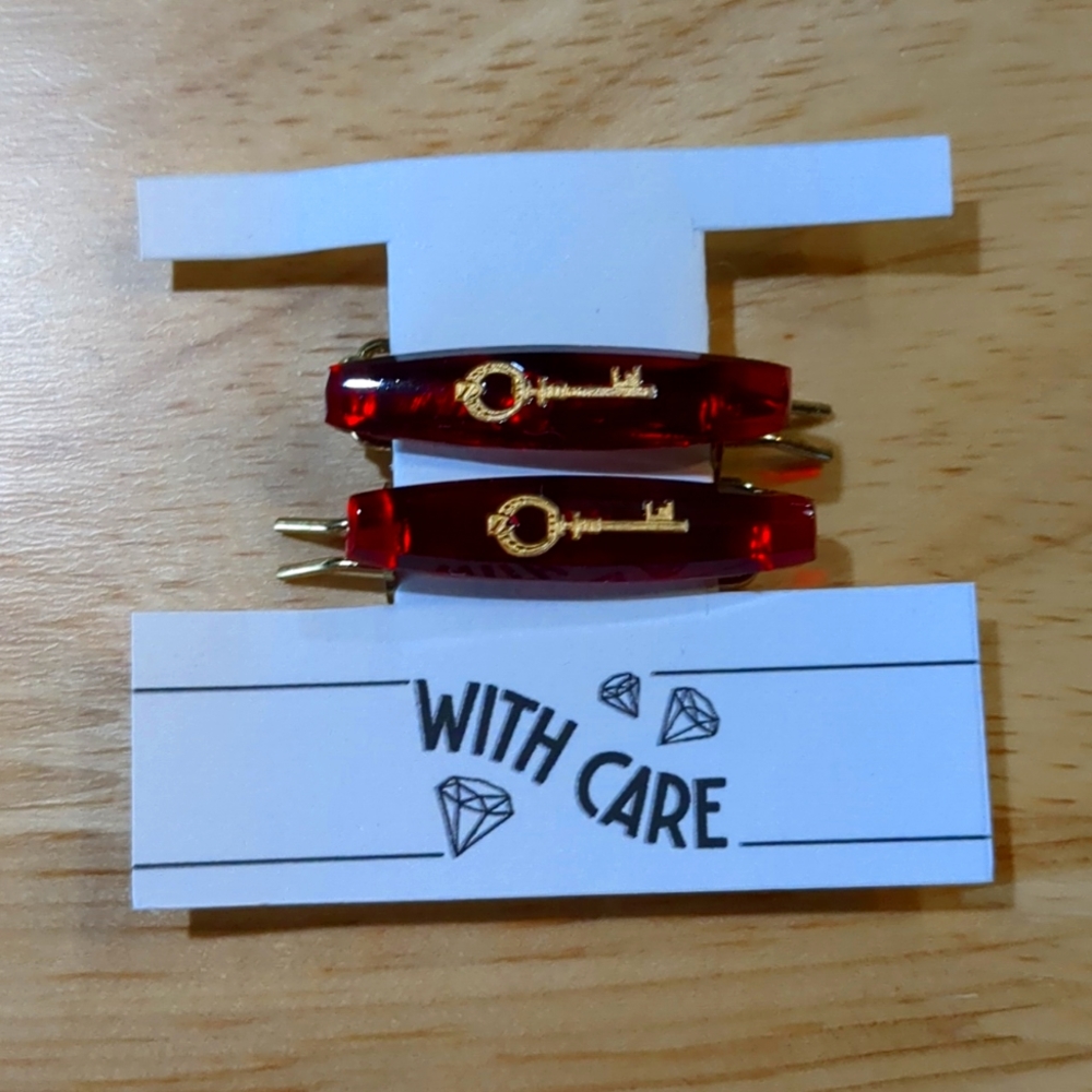 Ruby Red Vintage Gold Key Barrette Set by With Care NEw in Original Box